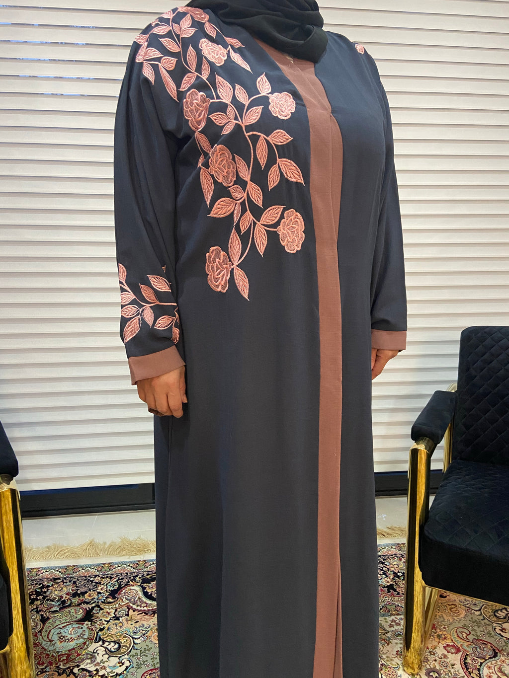 Grey and Pink Floral Abaya