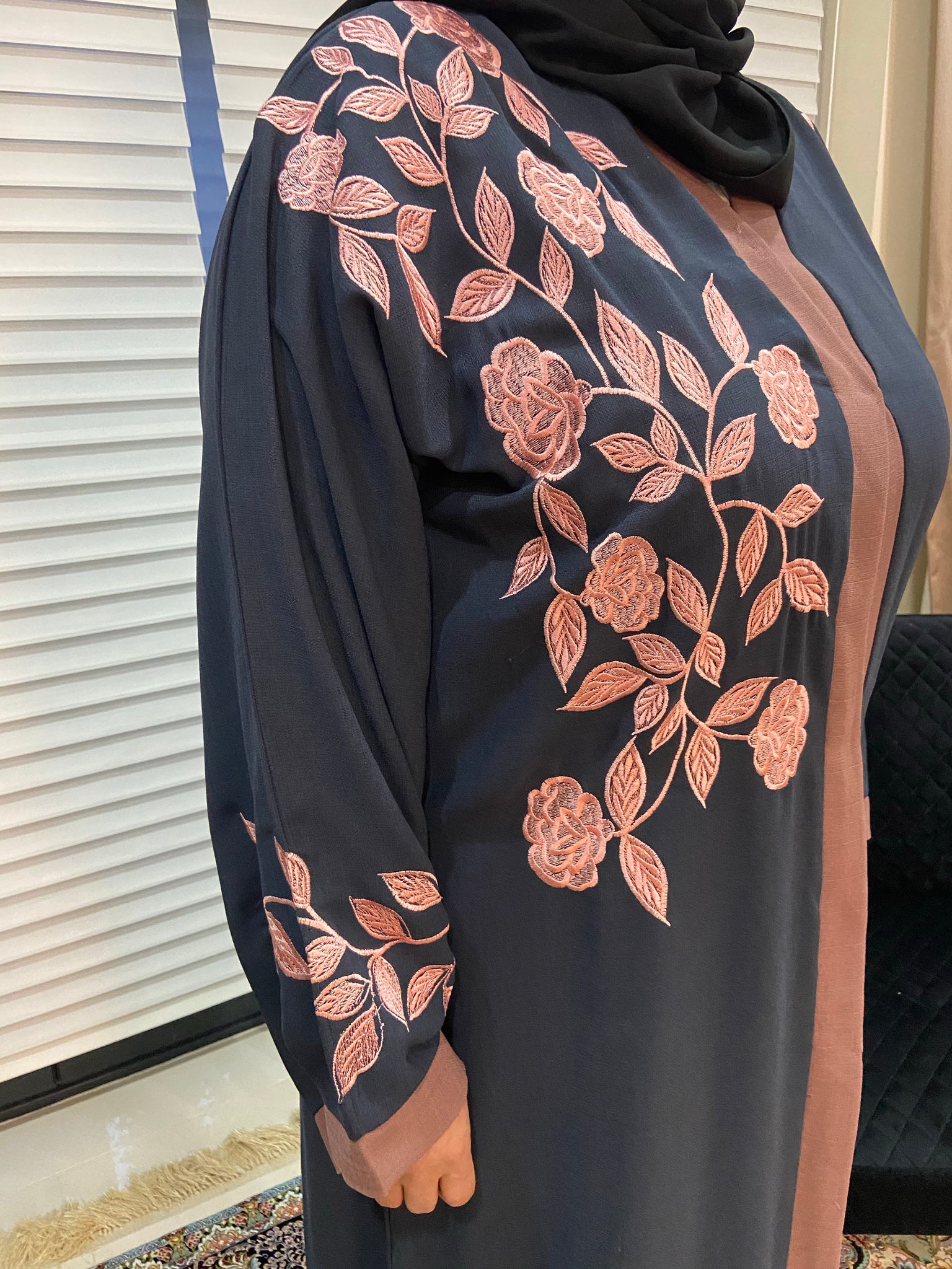 Grey and Pink Floral Abaya